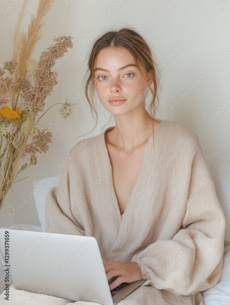 Poster soft tones and natural elements create serene workspace with foc