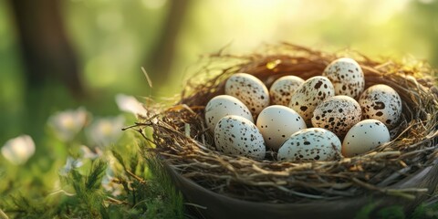 Obraz premium Nest filled with spotted eggs in a serene forest setting during golden hour