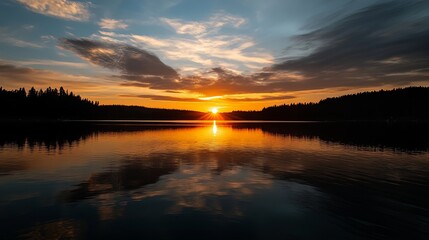 Naklejka premium Captivating sunset reflection over tranquil lake nature landscape photography serene environment