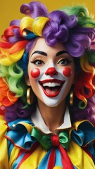 Obraz premium A woman dressed as a clown with colorful hair.
