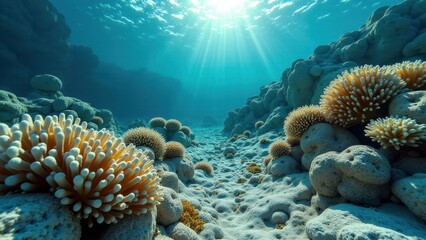 Obraz premium Sunlight shining on an underwater coral reef affected by bleaching and climate change 
