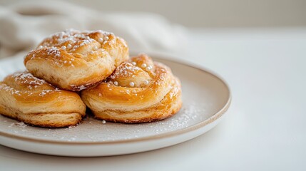 Fluffy pastries dusted with powdered sugar, invitingly stacked o