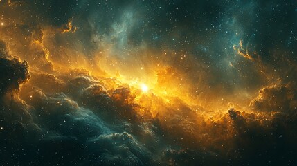 Fototapeta premium Newly formed yellow dwarf emerging from a dense molecular cloud its light piercing through cosmic dust