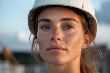 Fototapeta premium Confident woman wearing safety helmet, showcasing strength and d