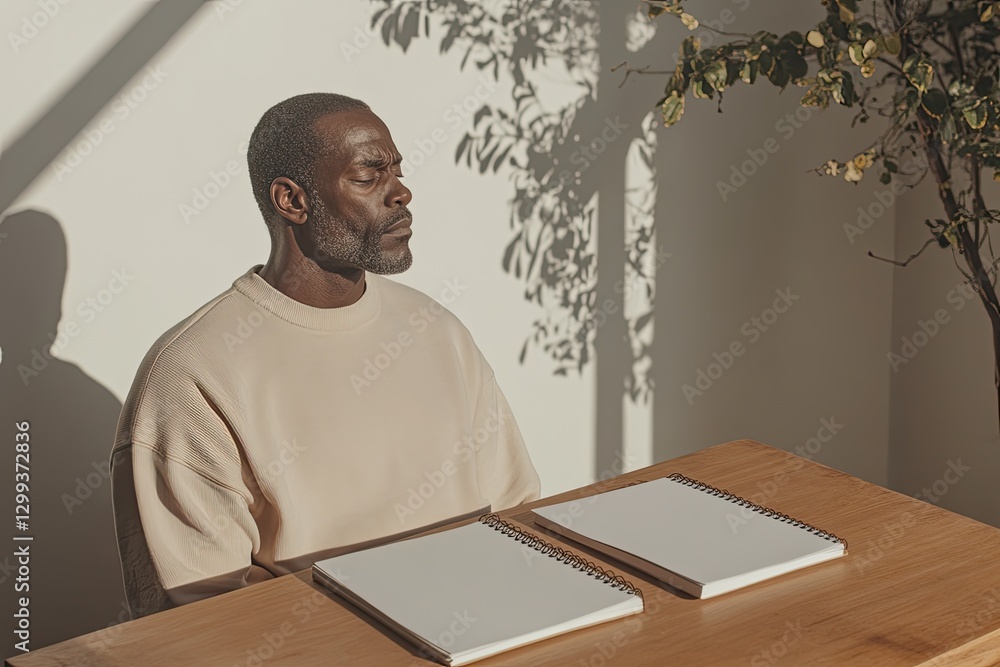 Poster serene portrait of man in soft light, contemplating with minimal