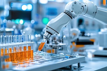 Advanced robotic arm precisely dispensing liquids in high-tech l