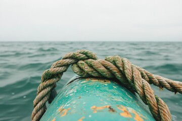Fototapeta premium Weathered rope tied tightly around worn pole, reflecting maritim