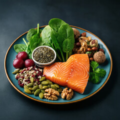 Healthy omega 3 rich food plate salmon spinach nuts seeds balanced diet heart health nutrition concept top view
