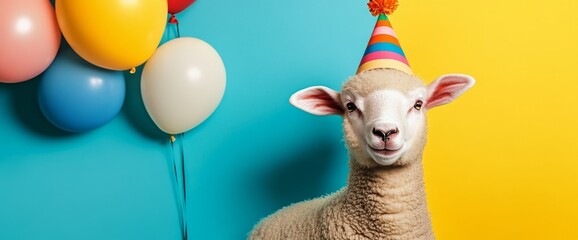 Fototapeta premium A festive sheep wearing a party hat, in the midst of bright confetti and balloons
