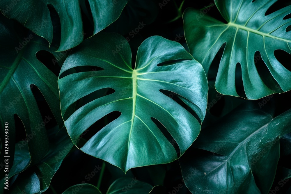 Poster rich green leaves highlighted by intense lighting and shadows, which create texture and depth