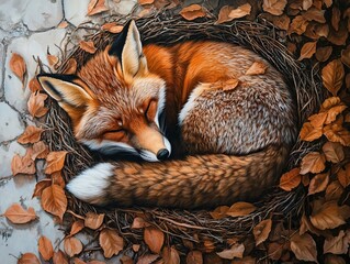 Fototapeta premium Resting Fox: A Peaceful Moment in Autumn's Embrace, Sleepy and Curled Up.
