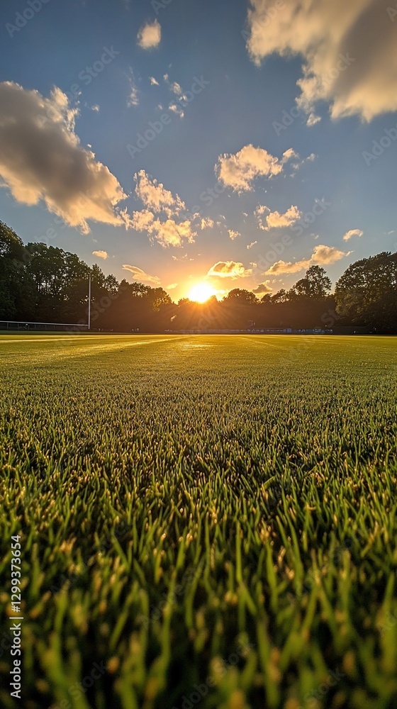 Poster sunset over empty field, with trees and cloudy sky. use as sports background