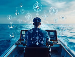 Sailor Navigating Boat on Open Sea with Advanced Digital Instruments and Compass