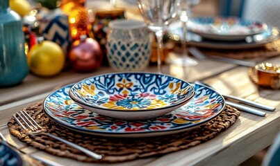Table set with colorful dishes, ornaments, and sunlit table for dining outdoors