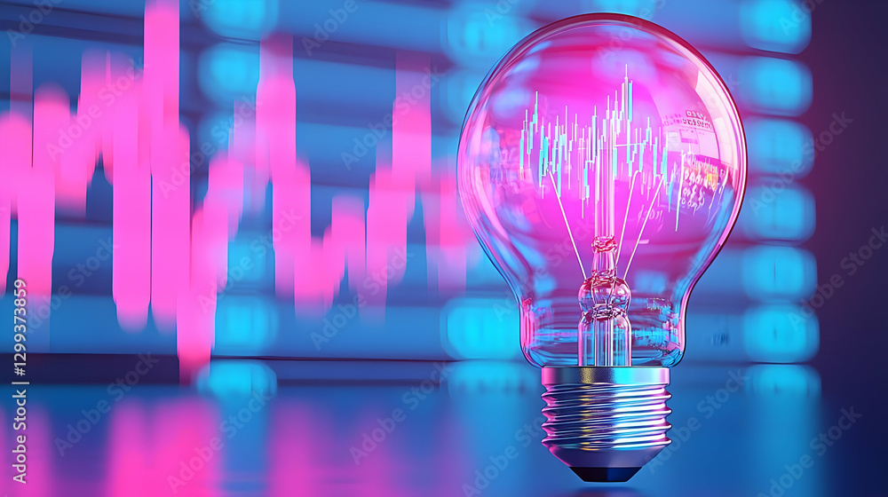 Poster colorful light bulb with sound wave patterns on background