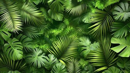 A scene featuring dense green tropical greenery with a variety of leaves