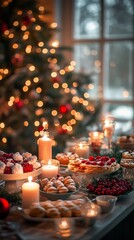 Table with food and candles, decorated tree, window background; for holiday cards