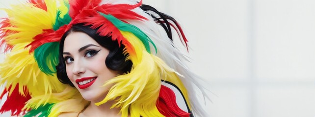 Fototapeta premium A woman wearing a colorful headdress with feathers on her head.