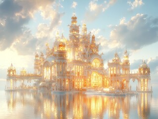 Obraz premium Opulent palace shimmers in light, reflecting on calm water at sunset.