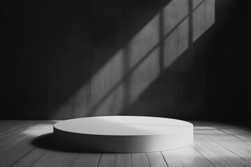 A sunlit concrete room featuring a grunge-style two-tiered white display podium