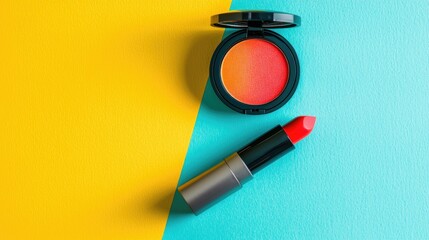 Coral lipstick and blush on colorful background; beauty flatlay