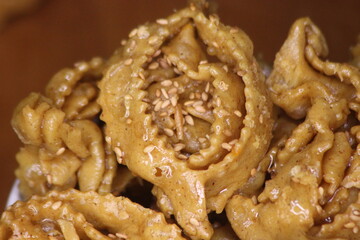 A close-up of sweet moroccan cookie known as Chebakia