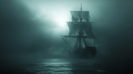 Fototapeta premium Mysterious ghost ship sailing through foggy sea at night