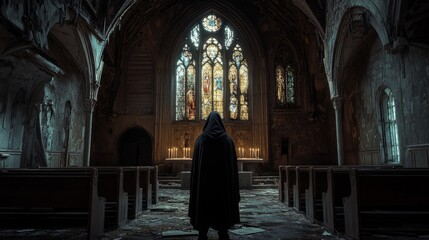 Mysterious hooded figure in abandoned church with illuminated stained glass windows