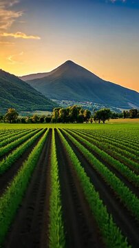 Vibrant green fields stretch towards a majestic mountain at sunset in a serene rural landscape