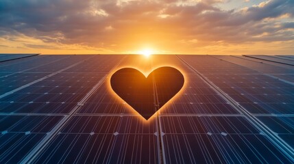 A giant heart-shaped solar panel farm basking in the sunlight, symbolizing Valentine's sustainability, global engineering, and romantic technology