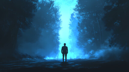 Obraz premium A businessman standing in contemplation against a glowing blue light, symbolizing vision and innovation in a dark environment. Solitude - Forest. Illustration