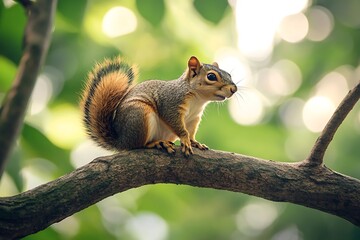 Squirrel on a Branch in a Lush Forest