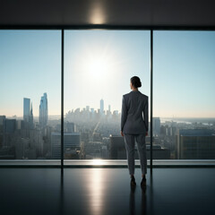 Fototapeta premium Woman standing in luxury office high rise building overlooking city skyline leadership ambition business success vision