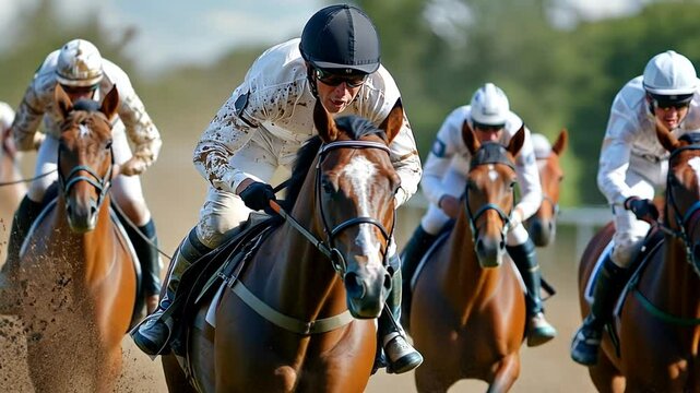 Rider falls from horse during race capturing dramatic moment, illustrating equestrian sports, intense competition, athletic risk, dynamic action and high-speed performance