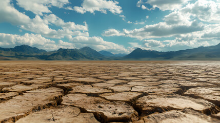 A dried-up desert lakebed, with cracked earth spreading out in all directions and distant mountains in the background. Solitude - Forest. Illustration