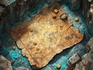 A weathered treasure map with gold coins scattered in a mysterious cavern.