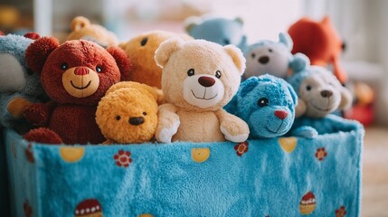 Colorful stuffed animals in blue container for toy collection drive ideal for charity campaign websites, donation event promotions, and nonprofit marketing materials