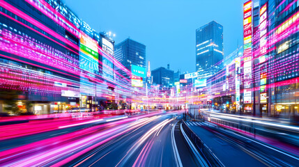 Obraz premium Vibrant City Lights with Motion Blur in Urban Landscape at Night
