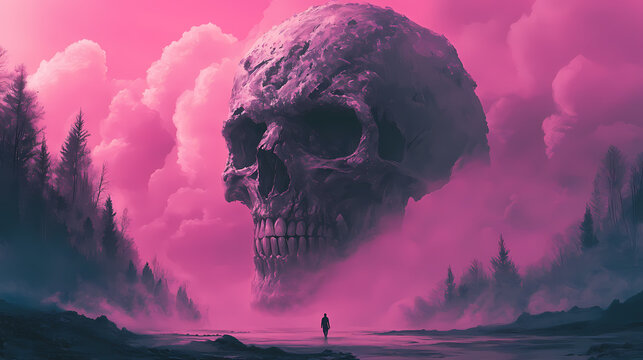 A lone figure faces a colossal skull with menacing teeth under a vibrant pink sky blending fantasy and solitude in a surreal landscape. Solitude - Forest. Illustration