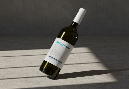 Wine Bottle Realistic Mockup on Concrete Floor and Subtle Light
