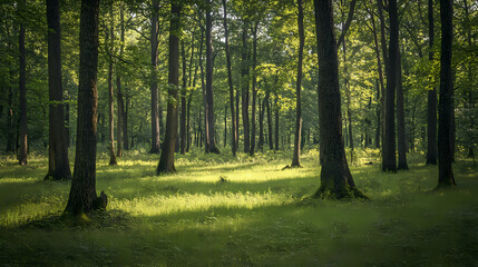 Fototapeta premium A peaceful woodland with scattered trees growing more vigorously after grasses were grazed down by goats, enhancing tree health and growth rates. Solitude - Forest. Illustration