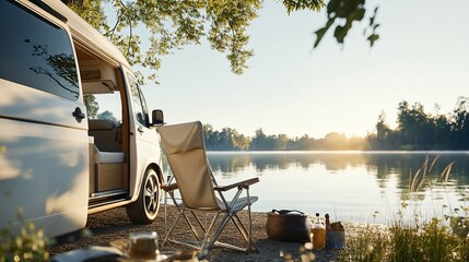 Vintage camper van road trip with a lakeside picnic setup, great for travel blogs, camping websites, and lifestyle designs, vacation planning websites, nature retreat promotions