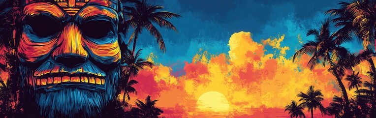 Obraz premium Stylized tiki design against a vibrant tropical sunset with ample space for text overlay.summer background banner for text for travelsummer background for text, weekend