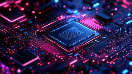 Obraz premium An intimate view of a circuit board with microchips and electronic parts, glowing in shades of pink and blue