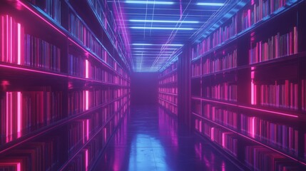 Fototapeta premium Neon-lit futuristic library corridor with vibrant bookshelves