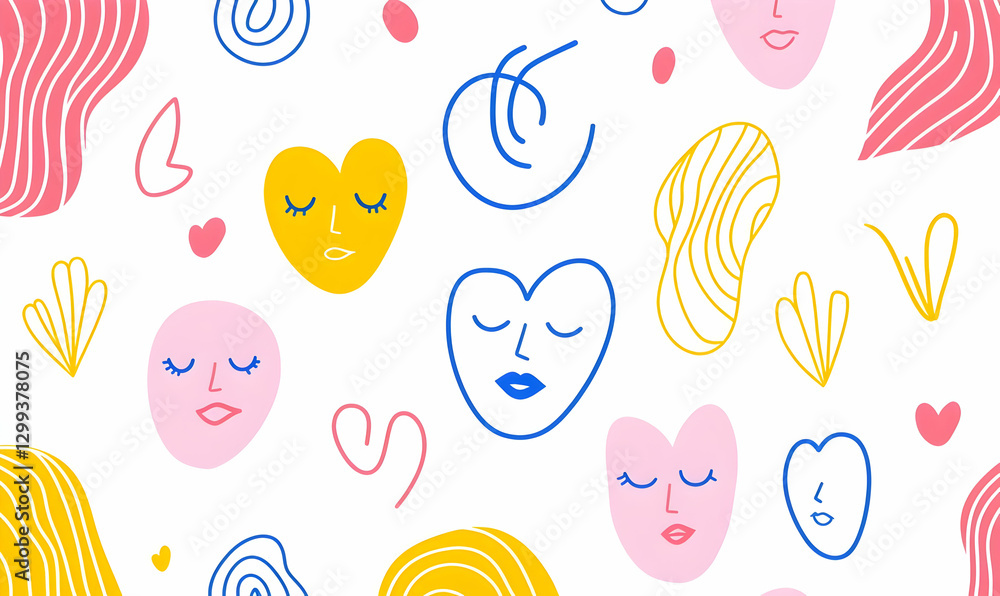 Poster abstract line art with faces and hearts in soft color palette