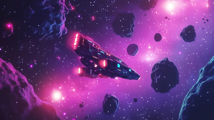 Fototapeta premium A pixelated spaceship flying through a neon galaxy with glowing asteroids, Retrowave