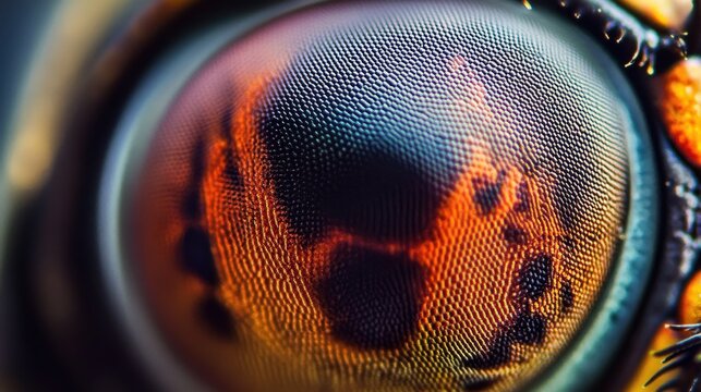 An extreme close-up macro shot of an insect's eye, revealing an array of intricate textures and colors, demonstrating the beauty of nature’s design.