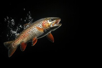 Trout fish jumping out of water on a hook during a fishing adventure in a serene lake environment.fishing shop advertising, fishing. mockup, mock up, template, empty, for text, place, copyspace, copy 