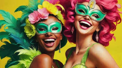 Obraz premium Two women wearing carnival masks on a yellow background.